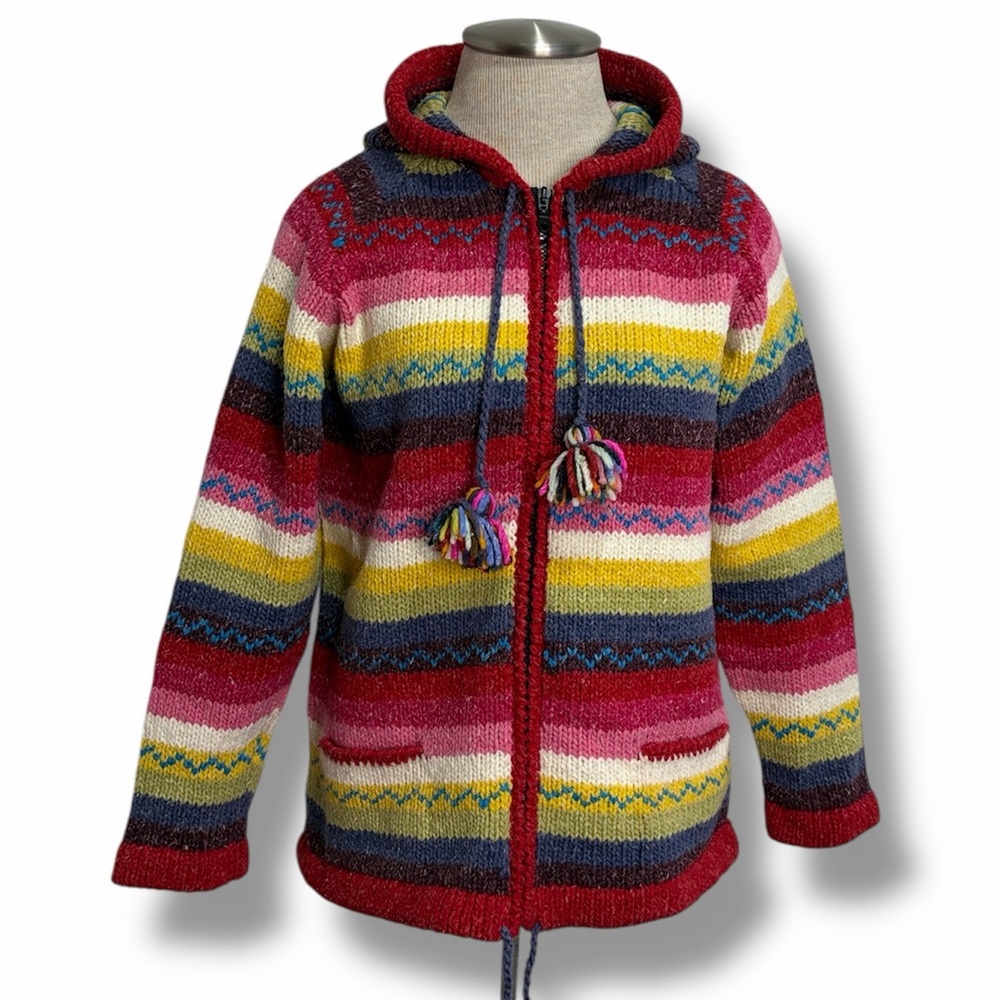 Vintage 90s Striped Sweater Cardigan Pointy Pixie Elf Hood Women's Size M E.C.C.